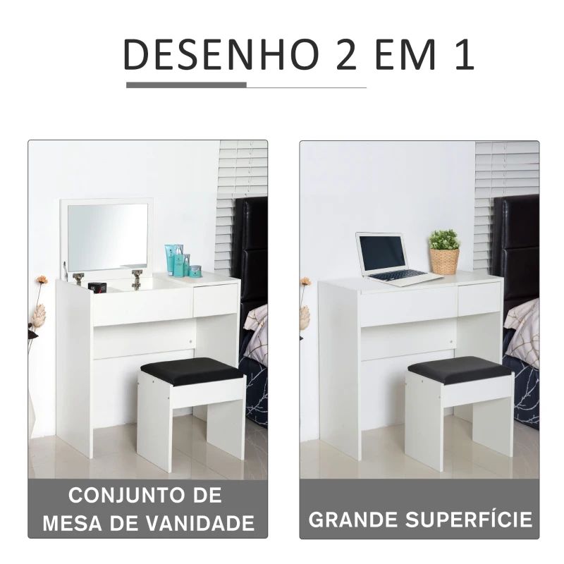 HOMCOM Toucador de Maquilhagem com Branco e Tampa Dobrável Mesa de Maquilhagem com Compartimentos e Gaveta 80x40x79cm Branco