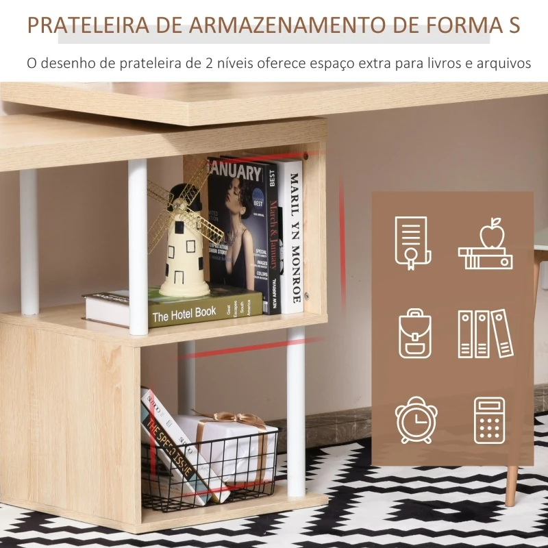 HOMCOM Secretária em forma de L  giratória de 360º  com prateleira de 2 níveis em S Grande espaço de armazenamento 220x55x76 cm Carvalho