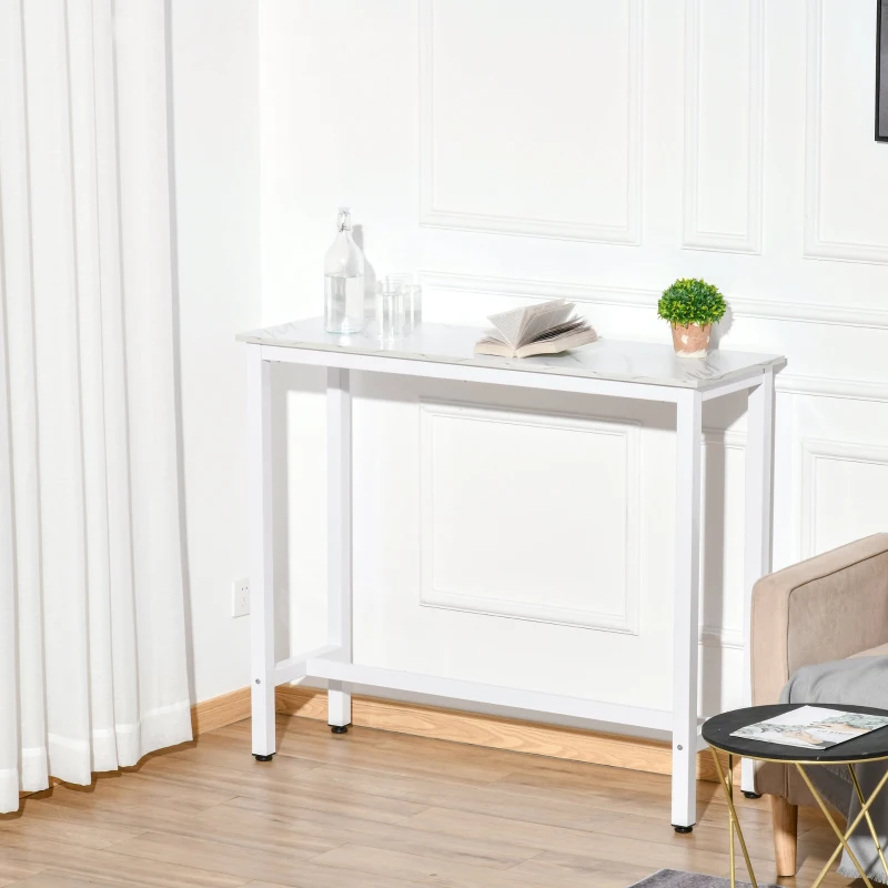 HOMCOM Mesa de Bar Mesa Alta com Bancada de Efeito Marmorizado e Pés de Metal Estilo Moderna para Cozinha Bistro Cafeteria 120x40x100cm Branco