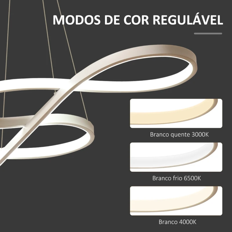 HOMCOM Candeeiro Suspenso de LED Moderno 70W Candeeiro de Teto com Altura Ajustável e Luz de 3 Cores 3000-6500K para Sala de Jantar Sala de Estar Dormitório 82x32x100cm Branco
