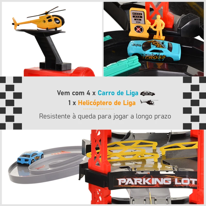 HOMCOM Conjunto Garagem de Estacionamento Infantil para Crianças acima de 3 Anos com 55 Acessórios Incluídos 4 Carros 1 Elevador Funcional Helicóptero 62x52x51 cm Vermelho Preto