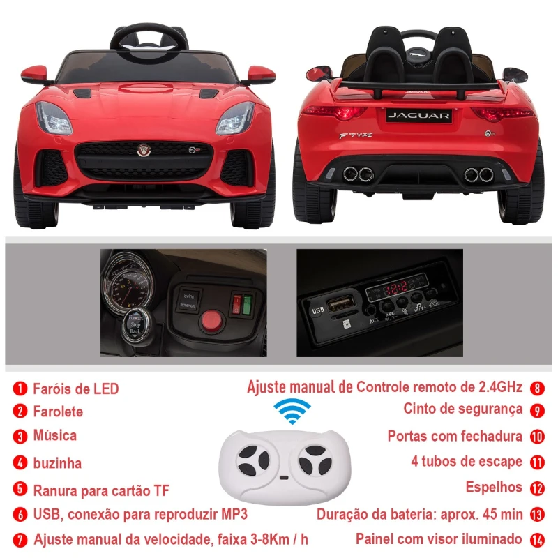 HOMCOM Jaguar F-Type SVR Carro de brinquedo elétrico para crianças acima de 3 anos com controle remoto com música e luzes  6V Carga 25kg 110x65x48cm  Vermelho