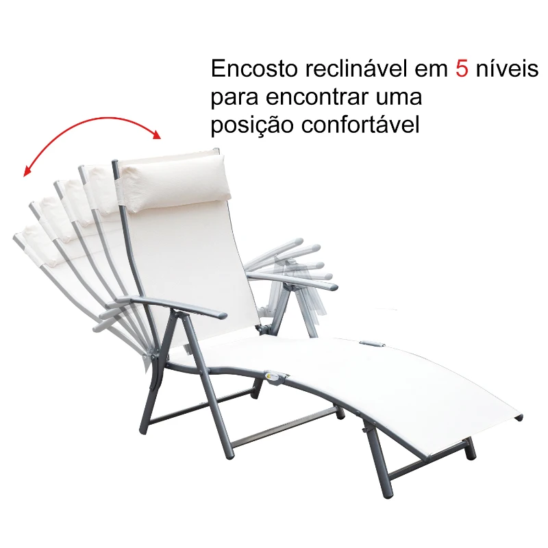 Outsunny Espreguiçadeira Dobrável de Jardim com Encosto Ajustável em 7 Posições Apoio para a Cabeça 137x63,5x100,5cm Creme