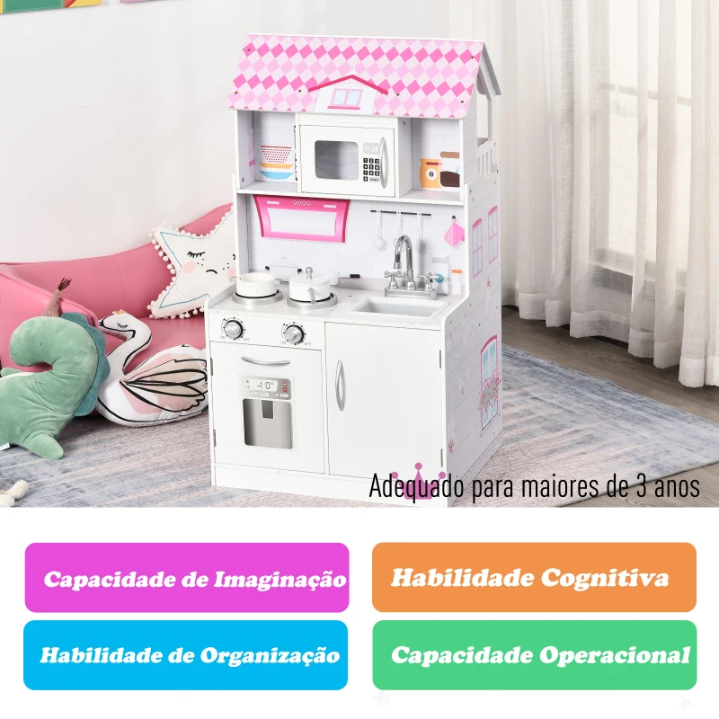 HOMCOM  2 em 1 binquedo de cozinha Casa de bonecas 3 andares com 12 acessórios incluidos para crianças acima de 3 anos  60x 48x 106 cm rosa