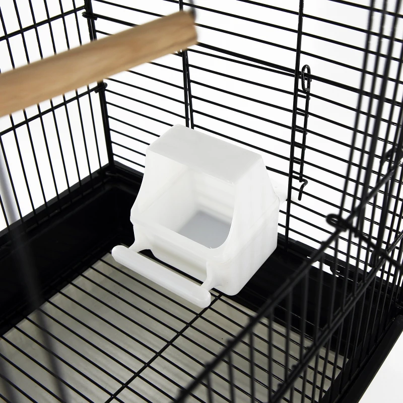 PawHut Gaiola para Pássaros Espaçosa Gaiola para Pássaros com Teto Abatível 2 Poleiros Baloiço e Comedouros para Interior Exterior 41,5x29,5x56,5cm Preto