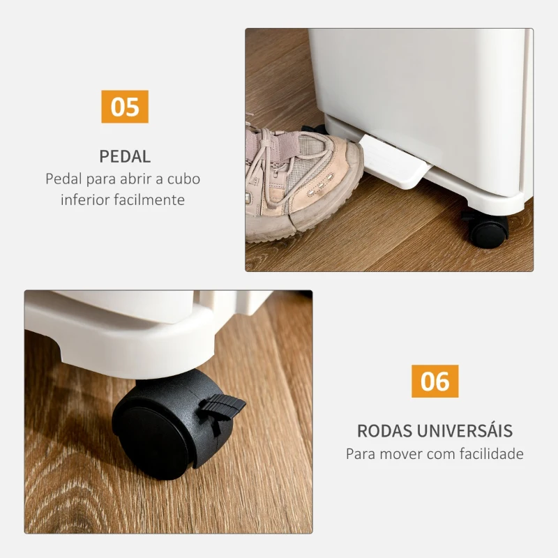 HOMCOM Caixotes de Lixo e Reciclagem 45L Caixote Móvel com Rodas 4 Compartimentos Gaveta Abertura e Fechamento com Botão e Pedal 42x29x83cm Branco
