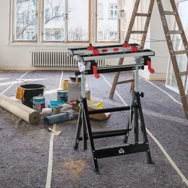 HOMCOM Bancada de trabalho dobrável de altura ajustável placas ajustáveis em largura e distância carga 100 kg 55x50x78,5-108 cm preto e prata