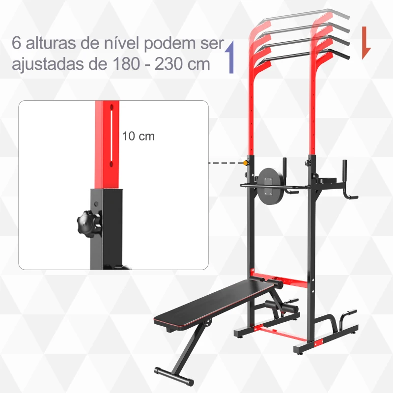 HOMCOM Estação de musculação multifuncional dobrável banco acolchoado Altura ajustável em 6 níveis 94x174x180-230 cm Preto e vermelho
