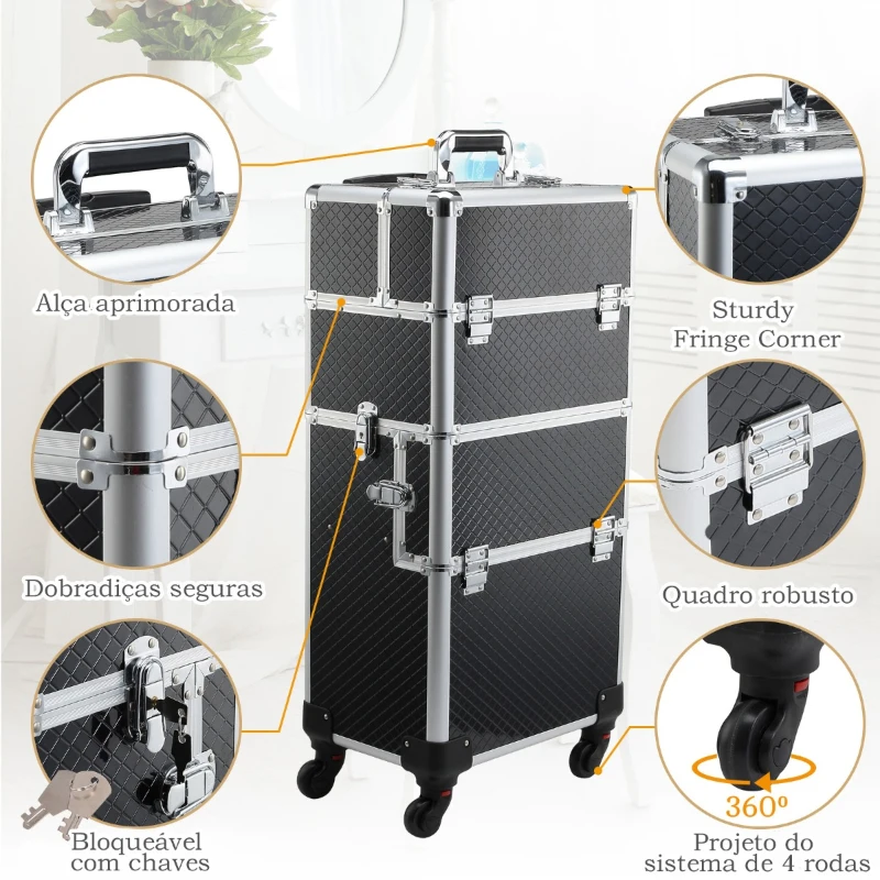 HOMCOM Estojo de maquiagem profissional Estojo cosmético destacável com rodas omnidirecionais com trava Fácil de transportar 36x24x79/107cm
