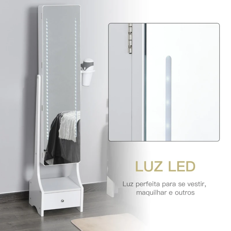 HOMCOM Joalheiro de Pé com Espelho Luz Armário para Jóias com Espelho de Corpo Inteiro 3 Ângulos Ajustáveis com Gaveta e Suporte para Secador 37x30x158cm Branco