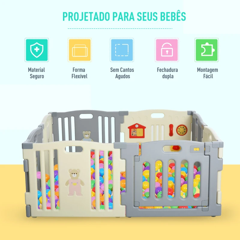 HOMCOM Parque infantil dobrável com 8 painéis para crianças acima de 6 meses 156x156x63 cm Branco e cinza