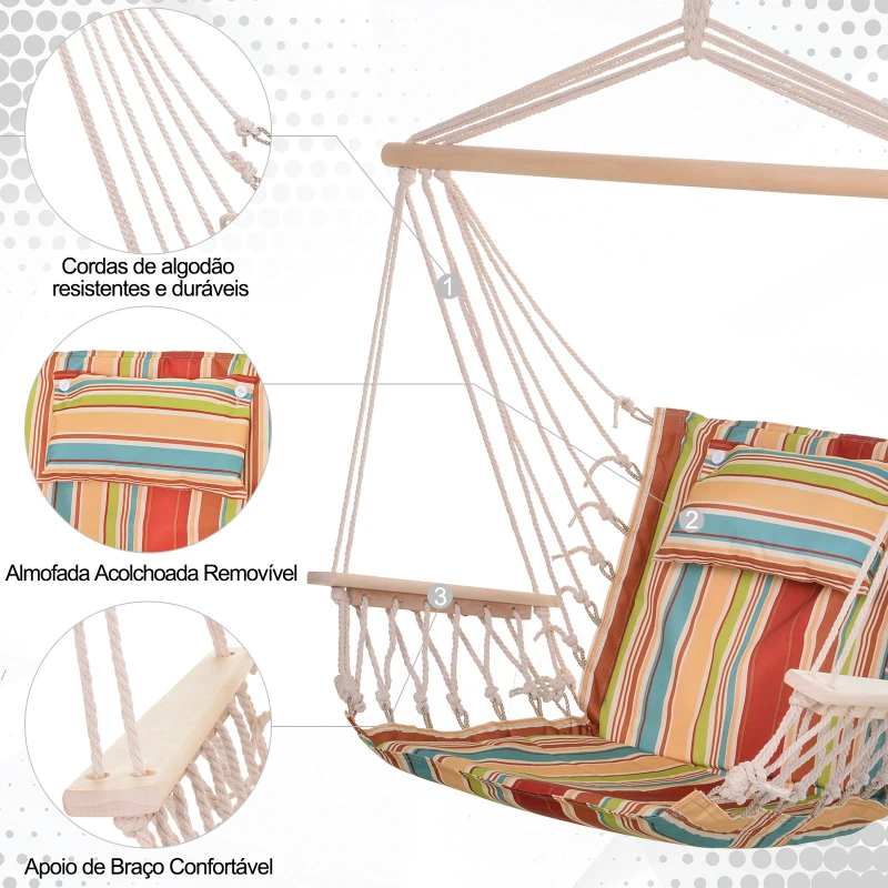 Outsunny Cadeira Rede Suspensa com Estampa em Listras Almofada de Apoio para a Cabeça Cadeira Rede Baloiço para Interior e Exterior Carga Máxima 105kg 100x106cm Multicor