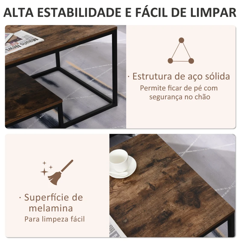 HOMCOM Mesa de Centro Industrial Mesa de Café Desenho Retrô com Prateleira Inferior Base de Metal 100x60x50cm Madeira