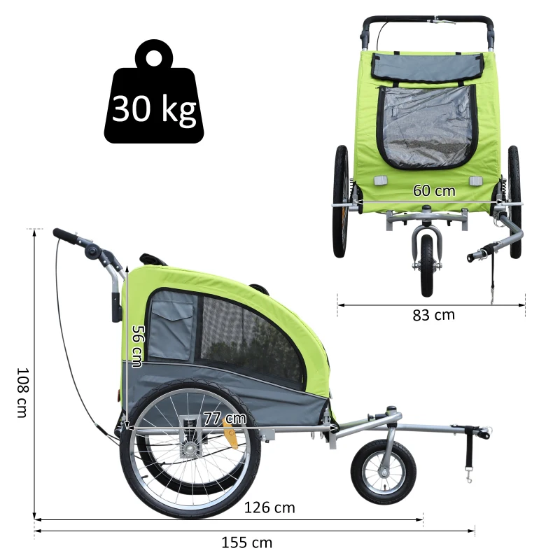PawHut Reboque Bicicleta 2 em 1 com Guiador Amortecimento Roda Giratória 360° Refletores 155x83x108 cm Verde e Cinza