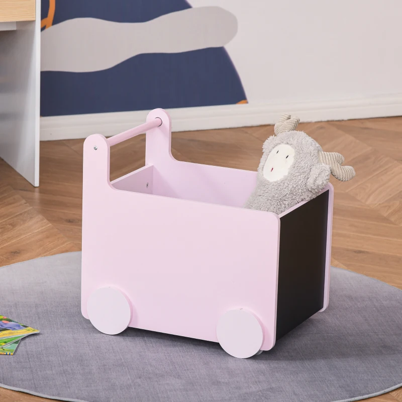 HOMCOM Caixa de Armazenamento de Brinquedos Infantil com Rodas Alça e 2 Lousas Baú de Armazenamento para Habitação de Crianças Escola Infantil Sala de Jogos 47x35x45,5cm Rosa