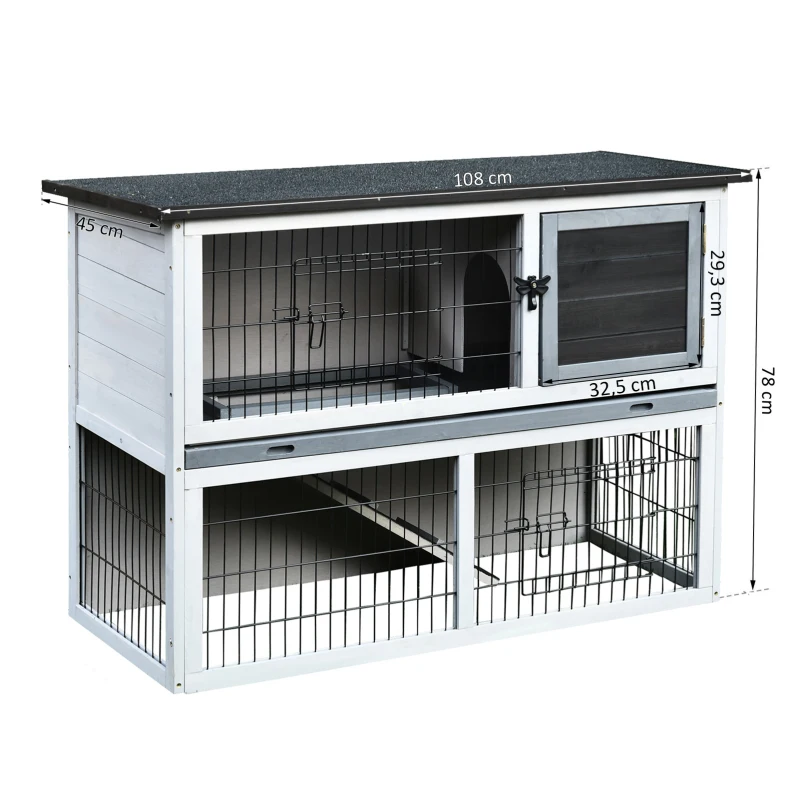 PawHut Gaiola de madeira para coelhos com rampa bandeja removível 2 andares e 2 portas 108x45x78 cm cinza