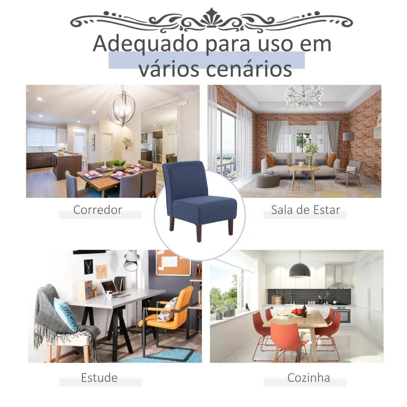 HOMCOM Poltrona de jantar Sala de estar sem braços Cadeira individual com assento acolchoado e pernas de madeira 57x76x83,5 cm Azul