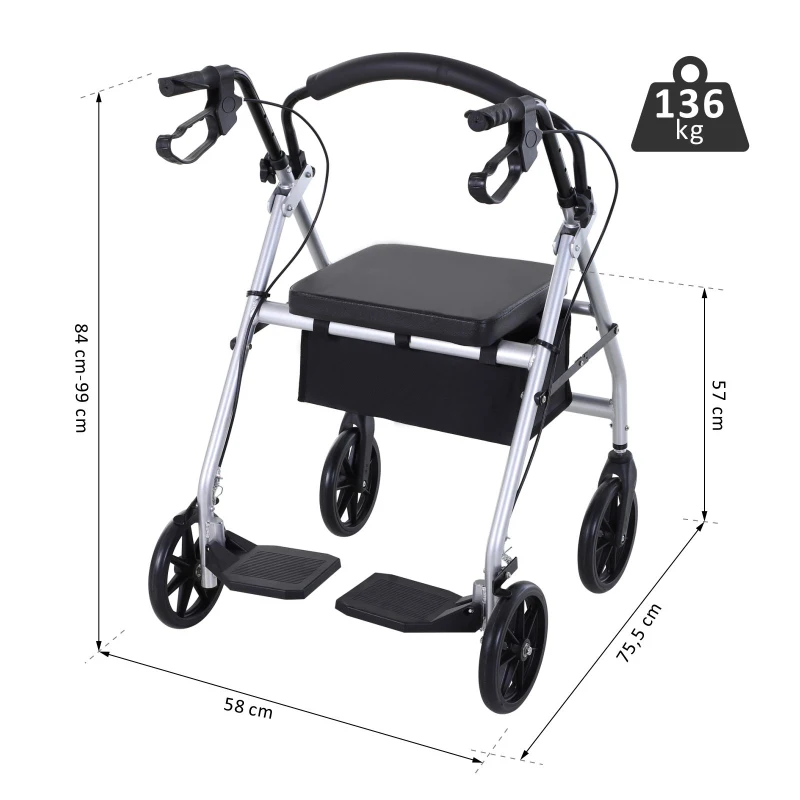 HOMCOM Andador adulto com assento e apoio de pés dobrável 75.5x58x84-99cm