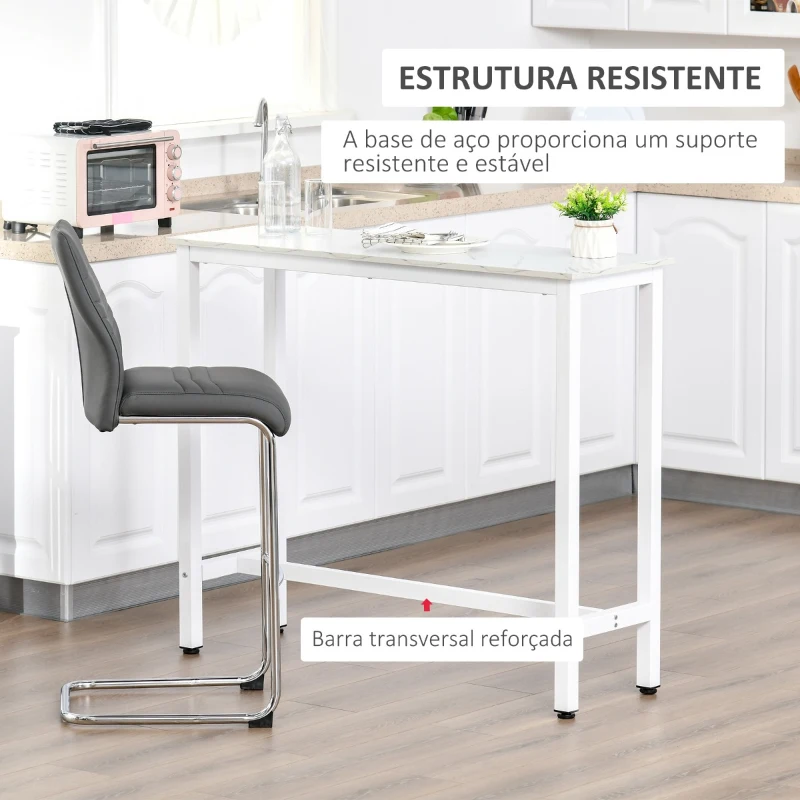 HOMCOM Mesa de Bar Mesa Alta com Bancada de Efeito Marmorizado e Pés de Metal Estilo Moderna para Cozinha Bistro Cafeteria 120x40x100cm Branco