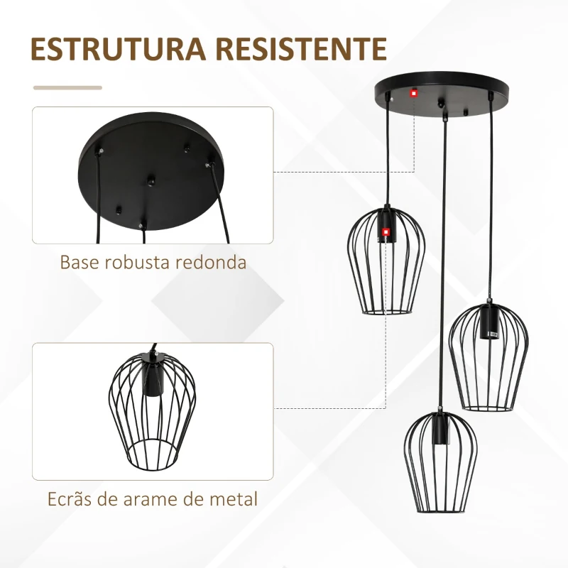 HOMCOM Candeeiro Suspenso Vintage Candeeiro de Teto de Estilo Industrial Candeeiro de Suspensão de Metal para Sala de Jantar Sala de Estar Ø38x145cm Preto