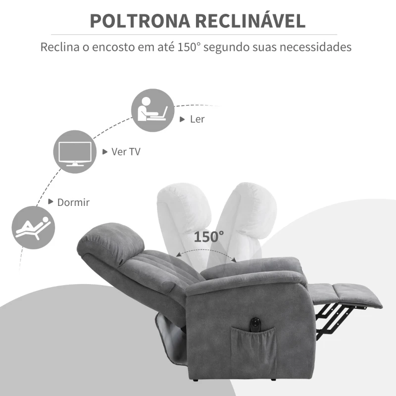 HOMCOM Poltrona Relax Função de Elevação e Reclinação Extra Acolchoado com Controle Remoto apoio para os pés 77x93x110cm Cinza