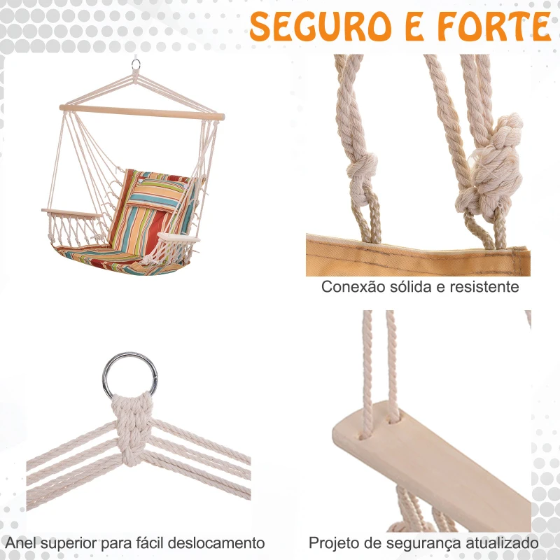 Outsunny Cadeira Rede Suspensa com Estampa em Listras Almofada de Apoio para a Cabeça Cadeira Rede Baloiço para Interior e Exterior Carga Máxima 105kg 100x106cm Multicor