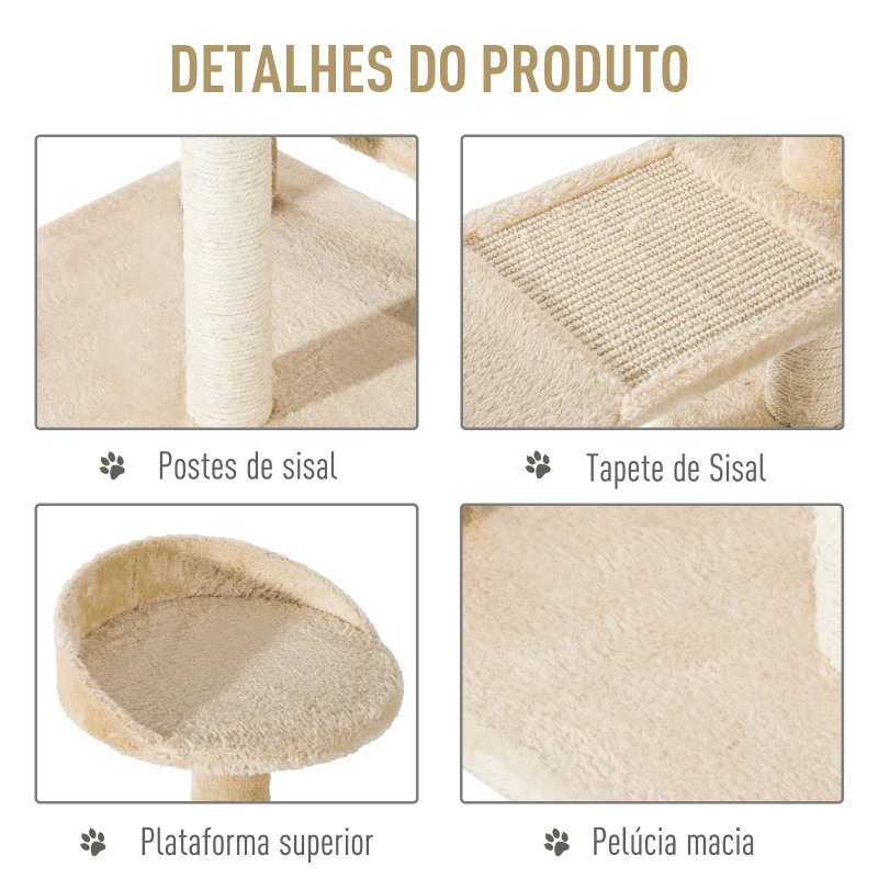 PawHut Árvore arranhador para gato com poste cama plataforma com cobertor veludo de sisal 50x50x100cm bege