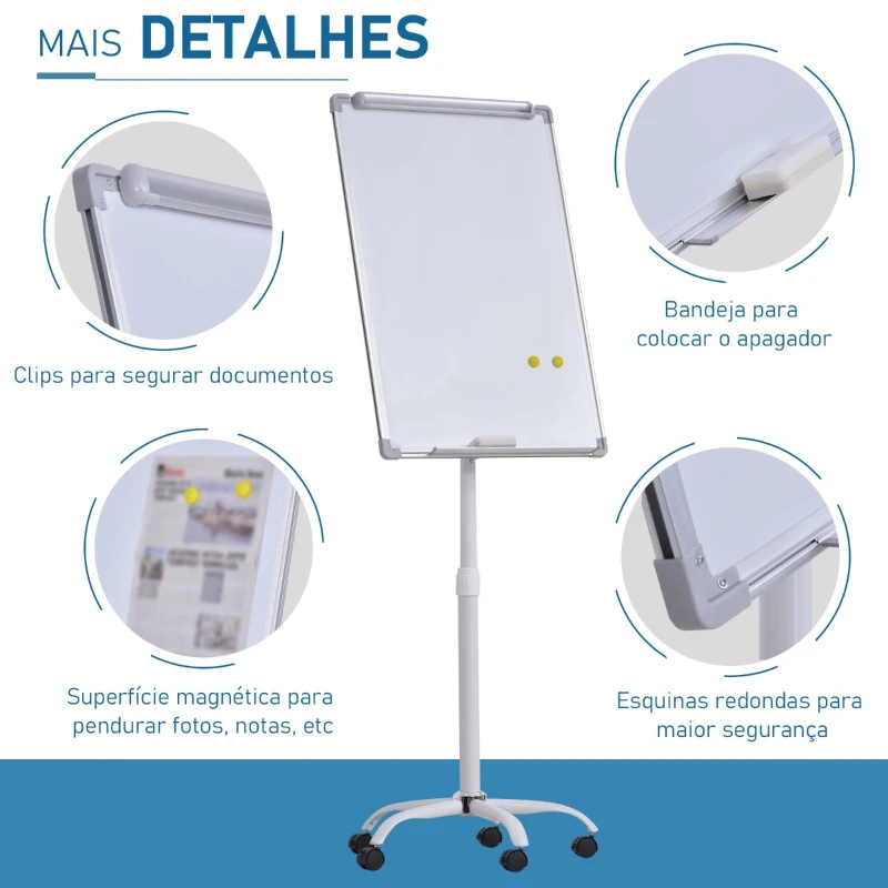 Vinsetto Quadro flip chart Magnético com cavalete Placa magnética  Altura Ajustável Giratória 360° com Bandeja 5 Rodas e Freios Suporte de Metal 62x60x162-194 cm Branco