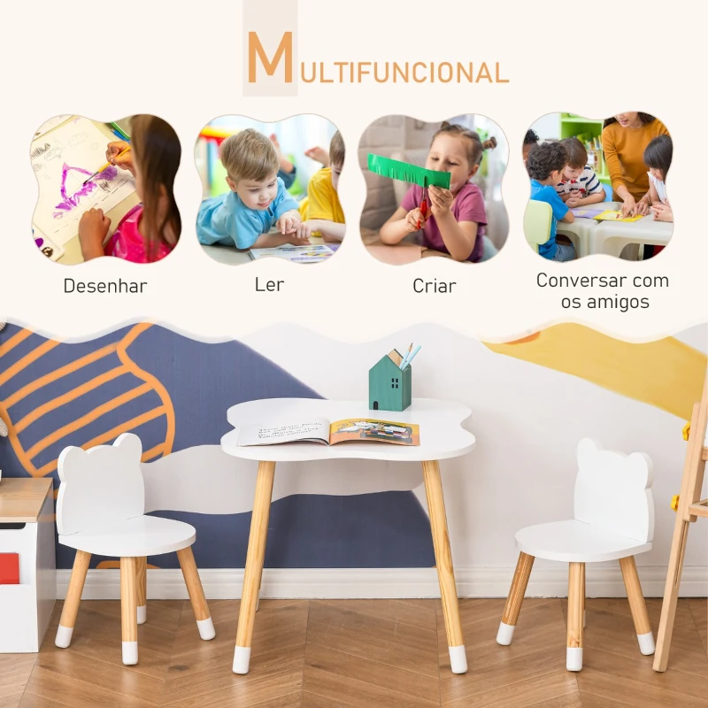HOMCOM Conjunto Infantil de Mesa e 2 Cadeiras de Madeira Móveis Infantil para Sala de Jogos Dormitório de Crianças Mesa 56x56x50cm e Cadeira 28x25x46cm Branco