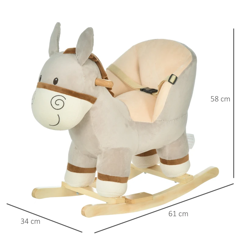 HOMCOM Baloiço Infantil em Forma de Burro para Bebés 18-36 Meses com Som Cinto de Segurança Apoio para os Pés 61x34x58 cm Cinza
