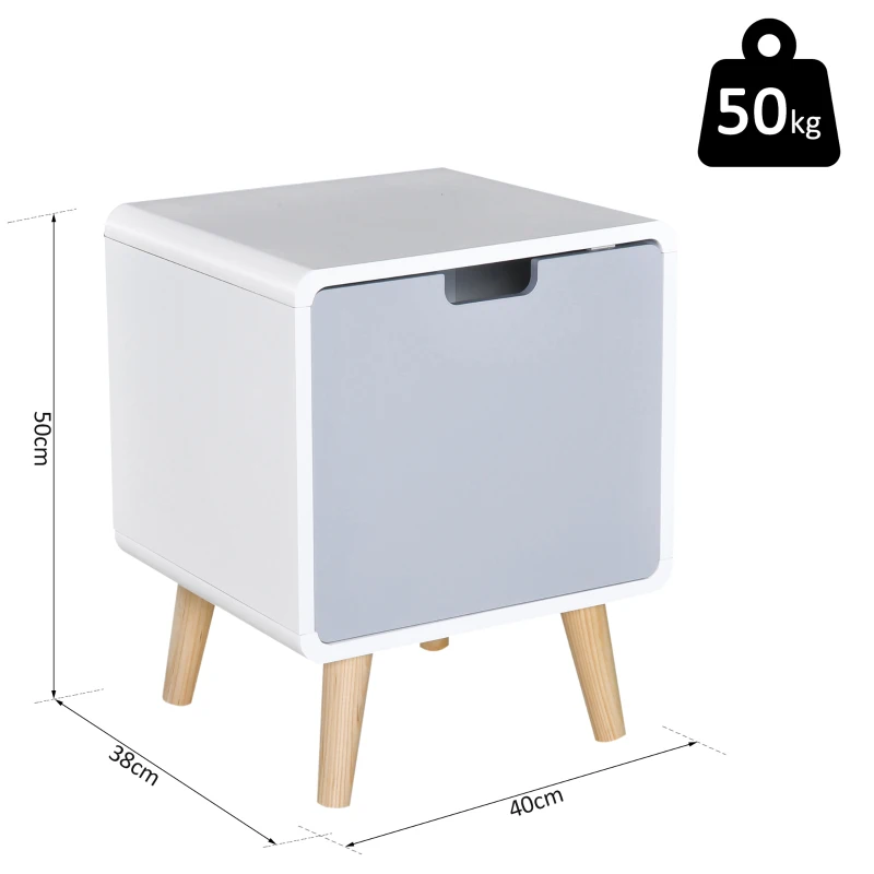 HOMCOM Mesa-de-cabeceira de Madeira com 1 Gaveta Cómoda Mesa Móvel Quarto Armário Muita Arrumação 40x38x50 cm Branco