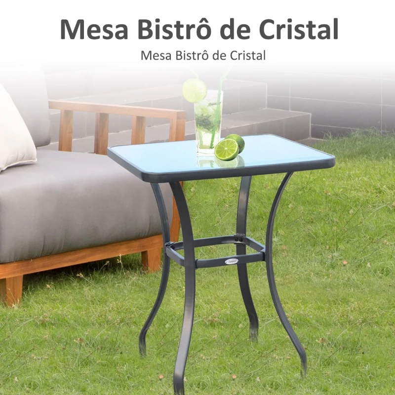 Outsunny Mesa de vidro temperado com bordas arredondadas  para pátio Terraço Varanda 68,5x68,5x84 cm  Preto e translúcido