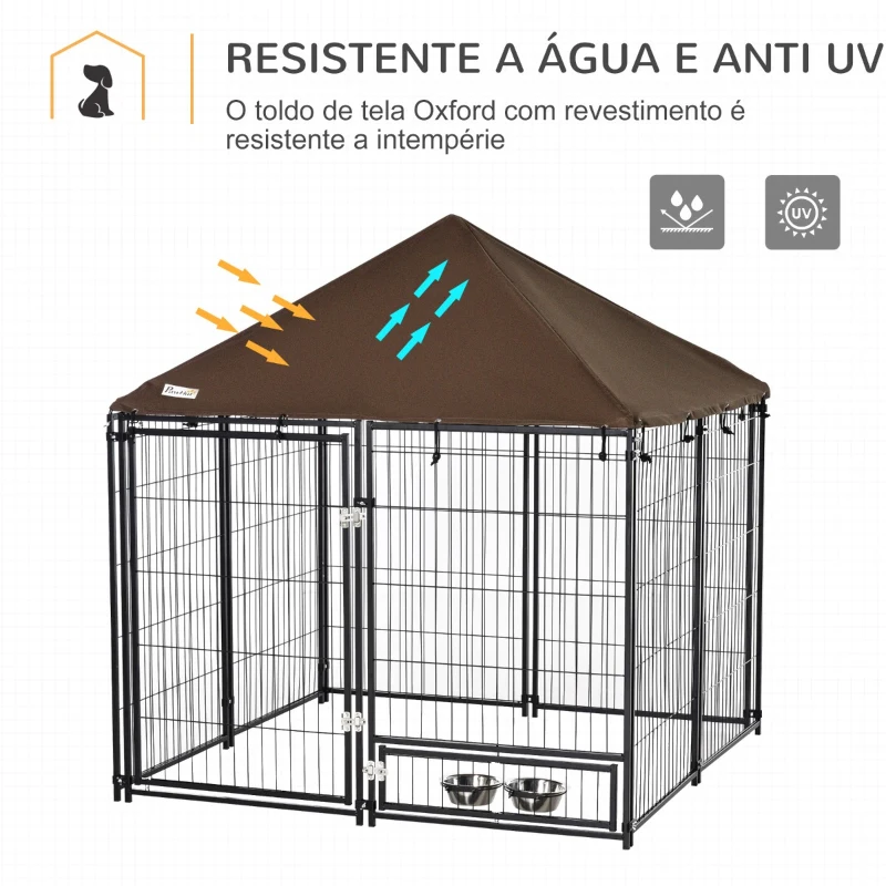 PawHut Parque para Cães com Toldo Suporte Giratório 2 Tigelas Incluídas para jardim 141x141x151cm Preto Marrom