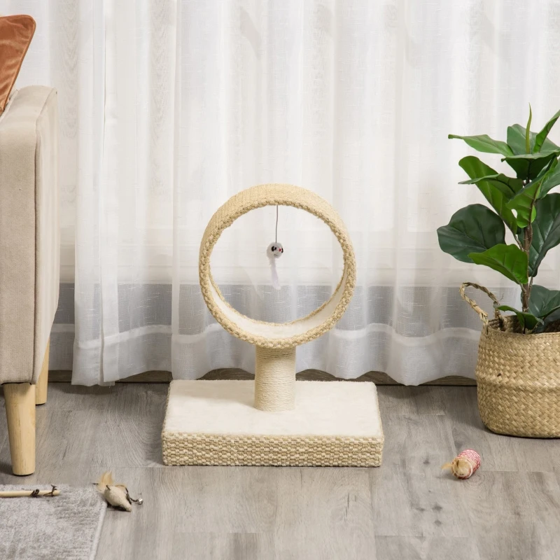 PawHut Árvore para Gatos Pequenos Torre de Arranhar de Gato com Túnel Superior Poste Arranhador de Juta Natural e Brinquedo Suspenso 61x41x50cm Bege
