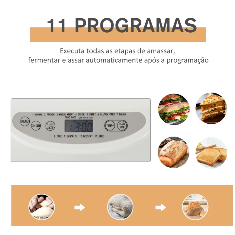 HOMCOM Máquina de Pão Automática com 11 Programas para Pães e Doces com Tela de LCD Temporizador programável de 13 horas em Aço Inoxidável  29,6x23,3x29,2 cm Branco