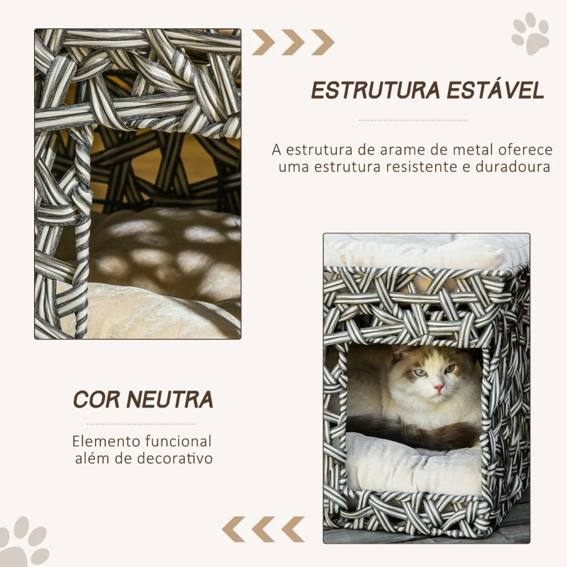 PawHut Cesta de Vime para Gatos de 2 Níveis Cama Caverna de Gatos com 2 Almofadas Suaves Estrutura de Metal 51x42x37cm Cinza e Bege