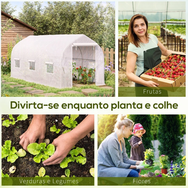 Outsunny Estufa Tipo Túnel 400x200x200cm Estufa de Jardim com 6 Janelas Transpiráveis e Portas Enrolável com Zíper para Cultivo de Plantas e Verduras Branco