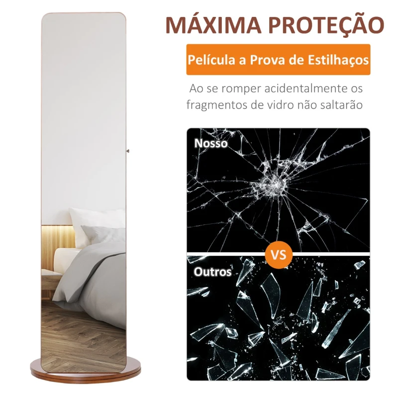 HOMCOM Armário Joalheiro Giratório com Espelho de Corpo Inteiro e Cabide 3 em 1 Organizador de Jóias Oculto com Prateleiras Ganchos e Base Redonda Madeira Ø50x169cm Nogueira