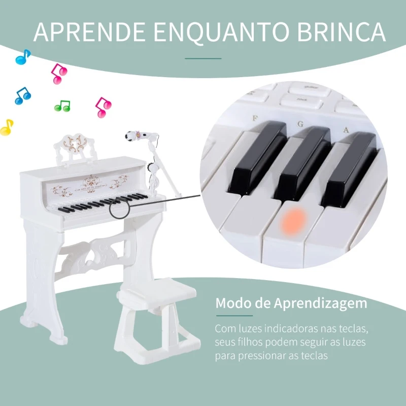 HOMCOM Piano Elétrico Infantil de 37 Teclas Conjunto de Piano com Microfone Banco Luzes e 22 Canções USB/MP3/Bluetooth Karaokê 53,5x27x63cm Branco