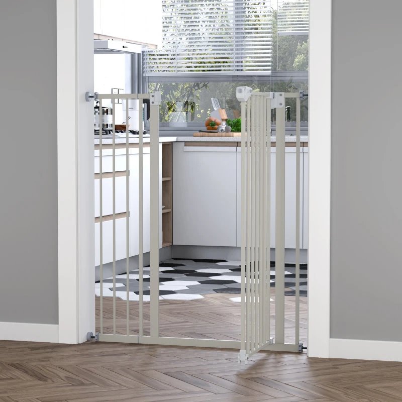 PawHut Barreira de Segurança para Portas e Escadas Barreira para Animais de Estimação com Fechadura Automática Extensível 17,5cm Metal 74-80/91,5-97,5x104,1cm Branco