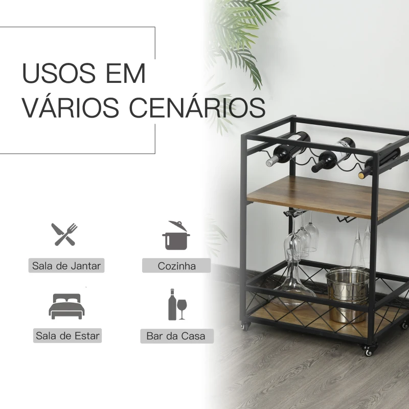 HOMCOM Carrinho de cozinha multifuncional com 3 prateleiras 77x44,5x91 cm Madeira rústica