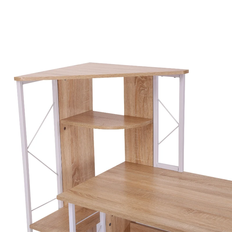 HOMCOM Secretária para Computador Escritório Branco Gabinete Prateleiras com Gavetas 133x55x123 CM Natural