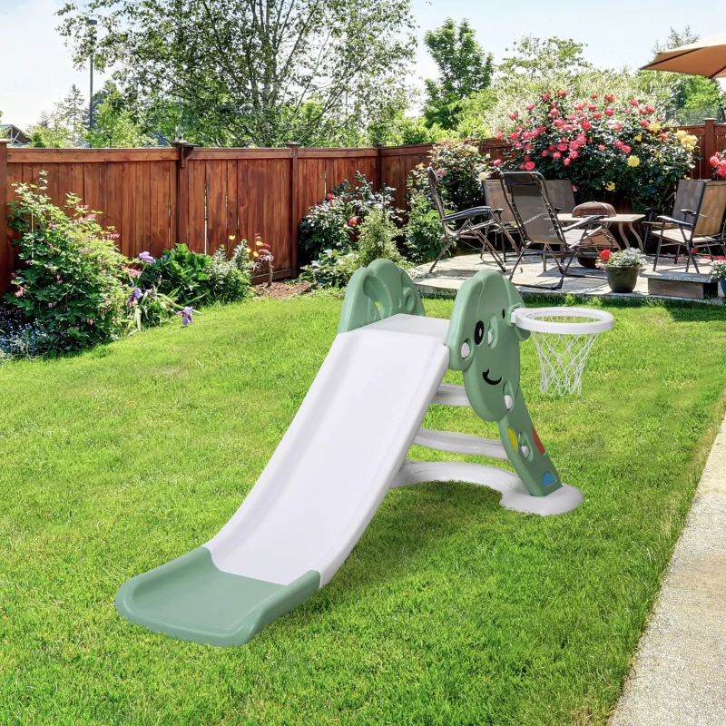 HOMCOM Escorrega infantil para crianças acima de 2 anos com cesta de basquete Interior e exterior carga 25 kg Acessórios incluídos 160x35x68 cm Verde e Branco