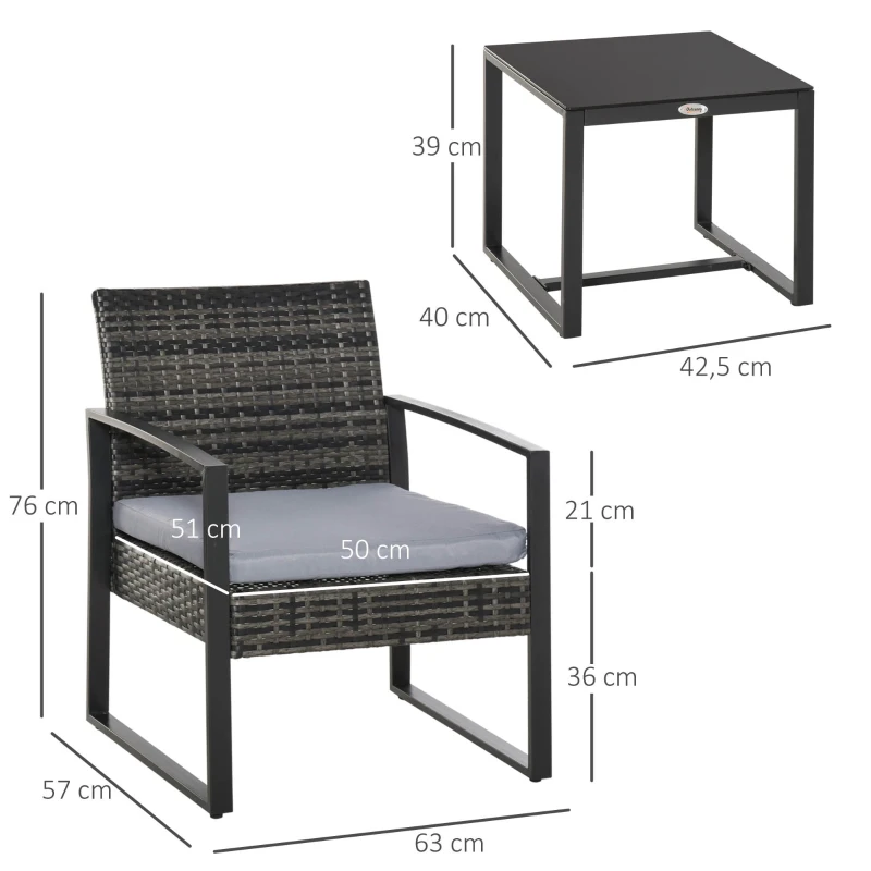 Outsunny Conjunto de Móveis de Jardim de vime 3 Peças com 1 Mesa 42,5x40x39 cm 2 Poltronas 63x57x76 cm Almofada Acolchoada para Pátio Varanda Cinza