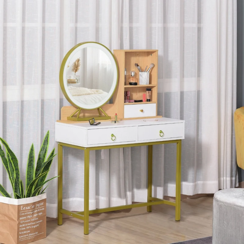 HOMCOM Toucador com Espelho e Luz LED Mesa de Maquilhagem com 3 Gavetas e 2 Prateleiras Sensor Tátil para Dormitório Estrutura Metálica Dorada 90x40x125cm Branco e Madeira