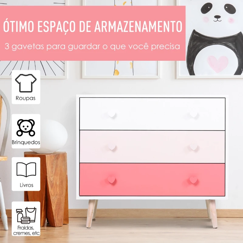 HOMCOM Cómoda infantil com 3 gavetas Cómoda com pernas para roupas ou brinquedos cor Rosa