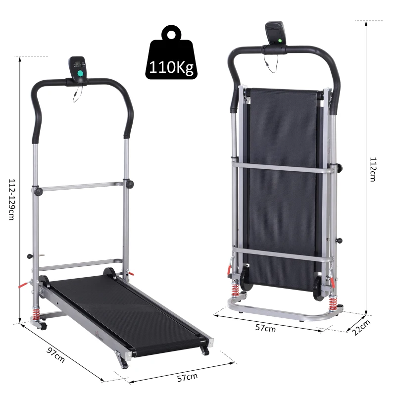 HOMCOM Esteira Portátil Manual Esteira dobrável Tela LCD 2 Ângulos reclináveis Carga 110kg Altura 112-129cm Preto