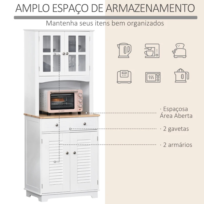 HOMCOM Armário de cozinha  Armário aparador com 2 portas  2 gavetas e prateleira aberta para microondas 68x39,5x170 cm branco