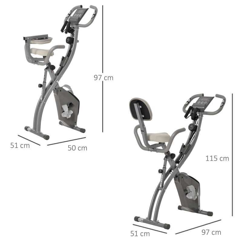 HOMCOM Bicicleta Estática Dobrável com Altura e Resistência Ajustáveis com Tela LCD e Assento com Encosto 51x97x115cm Cinza
