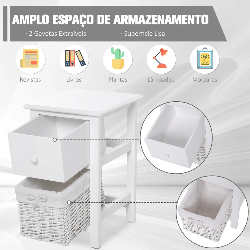 HOMCOM 2 mesas de cabeceira com 1 gaveta e 1 cesto 28x31x45cm Branco